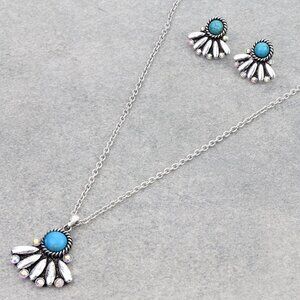 Turquoise Crystal Bling Concho Stone Necklace Earrings Western Cowgirl SET NEW